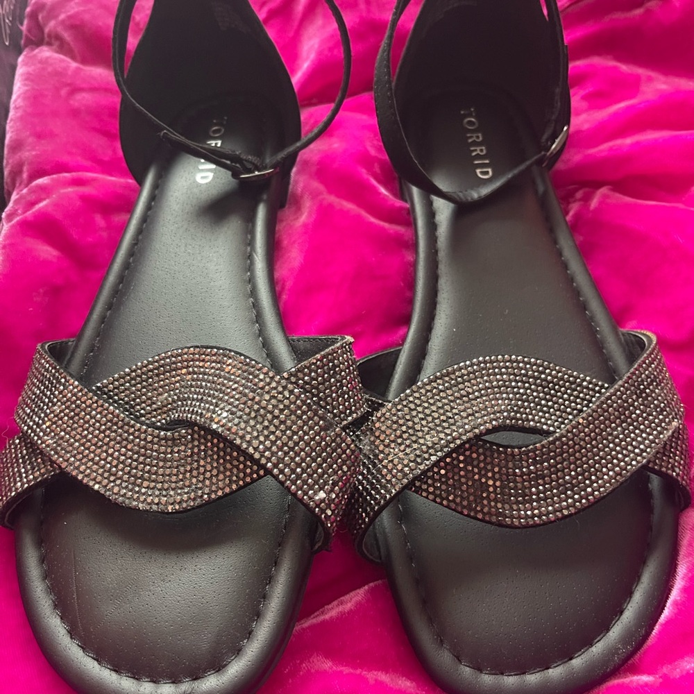 torrid Black Rhinestone Wave-Strap Ankle Sandals